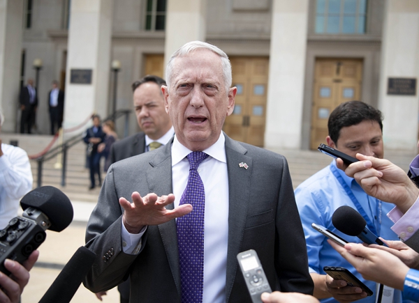 U.S. Defense Secretary James Mattis talks with journalists at the Pentagon Virginia the United States on Aug. 7 2018