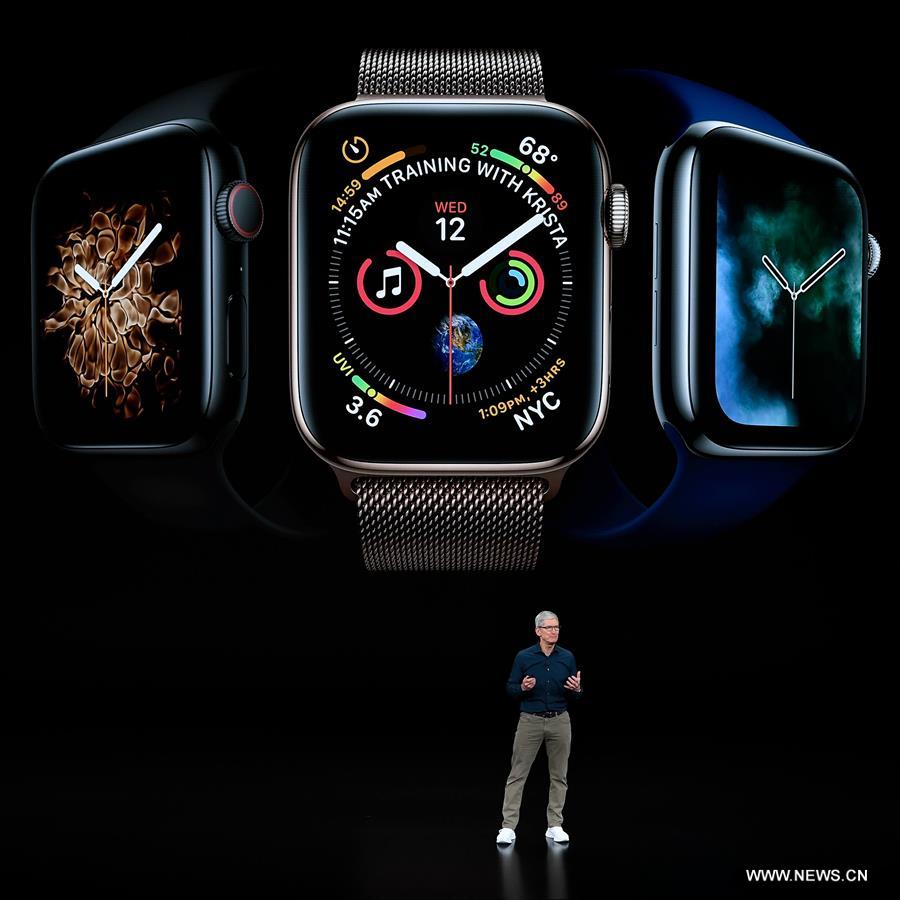 Tim Cook, CEO of Apple, speaks about the Apple Watch Series 4 at the Steve Jobs Theater during an event to announce new Apple products in Cupertino, the United States, on Sept. 12, 2018. [Photo/Xinhua]