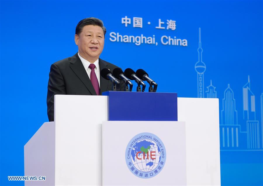 Chinese President Xi Jinping delivers a keynote speech at the opening ceremony of the first China International Import Expo in Shanghai, east China, Nov. 5, 2018. [Photo/Xinhua]