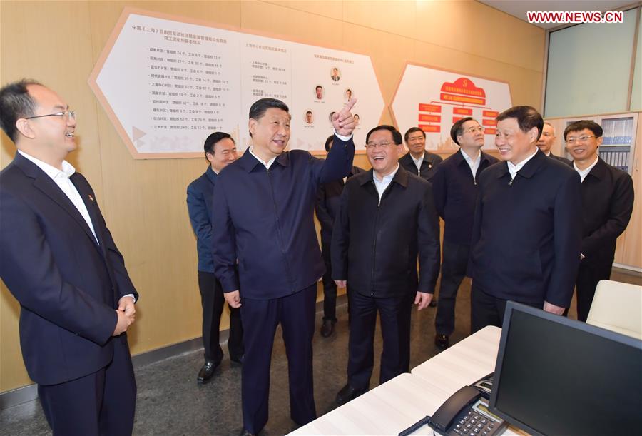 Xi Jinping (2nd L), general secretary of the Communist Party of China (CPC) Central Committee, Chinese president and chairman of the Central Military Commission, inspects the Lujiazui Financial City CPC construction service center in the Shanghai Tower to learn the CPC construction work of the skyscrapers in Pudong New District of Shanghai, east China, Nov. 6, 2018. Xi Jinping inspected Shanghai on Tuesday. [Photo/Xinhua]