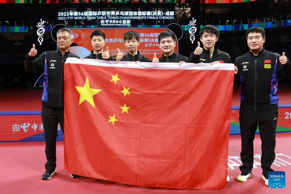 China crowned in men's team for 10th straight time at table tennis